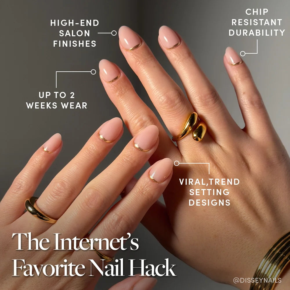 Three hands show Glam Goals by glamnetic: manicured, nude-pink short oval nails with chic gold foil French tips. Gold rings accent the trendsetting look. Text highlights a high-end finish, chip resistance, and two-week wear.