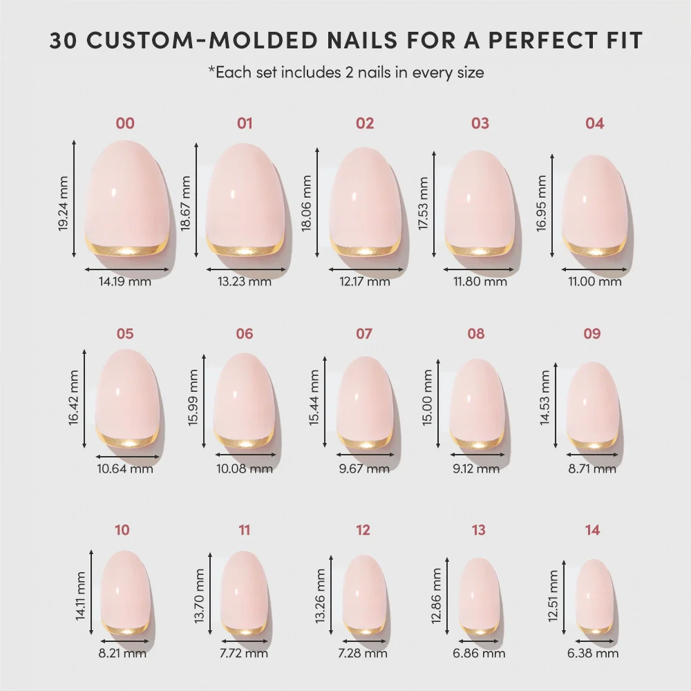 A chart shows 15 Glam Goals press-on nails by glamnetic, each pink with gold foil French tips and labeled with a number, width, and length. Text above says, "30 custom-molded nails for a perfect fit.