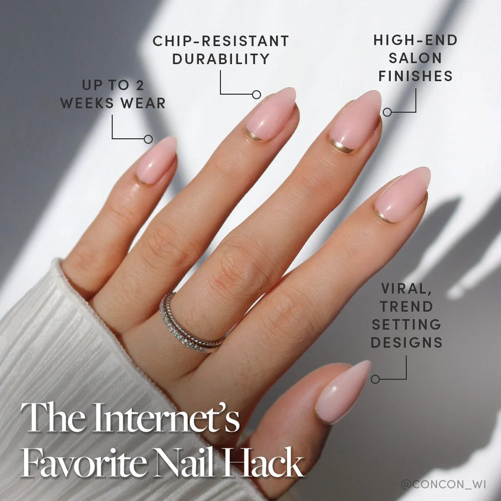 A hand with long, light pink glamnetic Goal Chaser press-on nails featuring gold accents is shown. Text highlights up to 2 weeks' wear, chip-resistant durability, salon-quality finish, and trendy, viral designs.