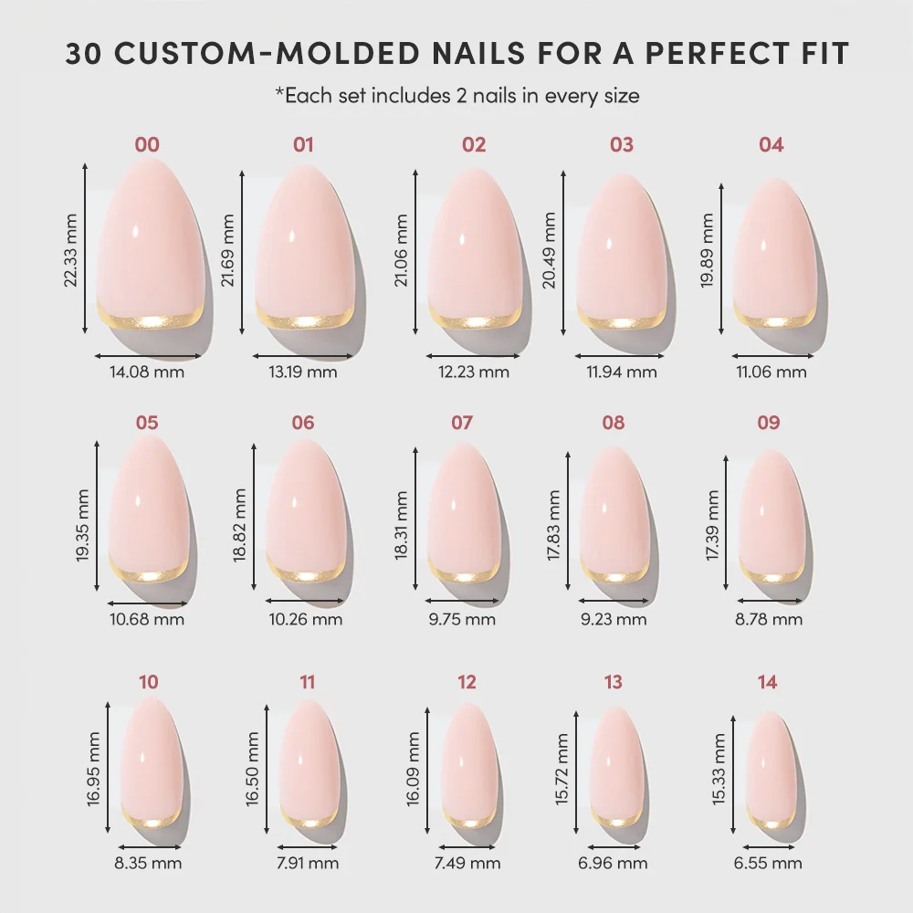 A chart displays 15 sizes of glamnetic's Goal Chaser custom-molded pink press-on nails, labeled 00–14, ideal for short almond or gold French tip styles. Each nail shows its width and length in millimeters beneath the image.