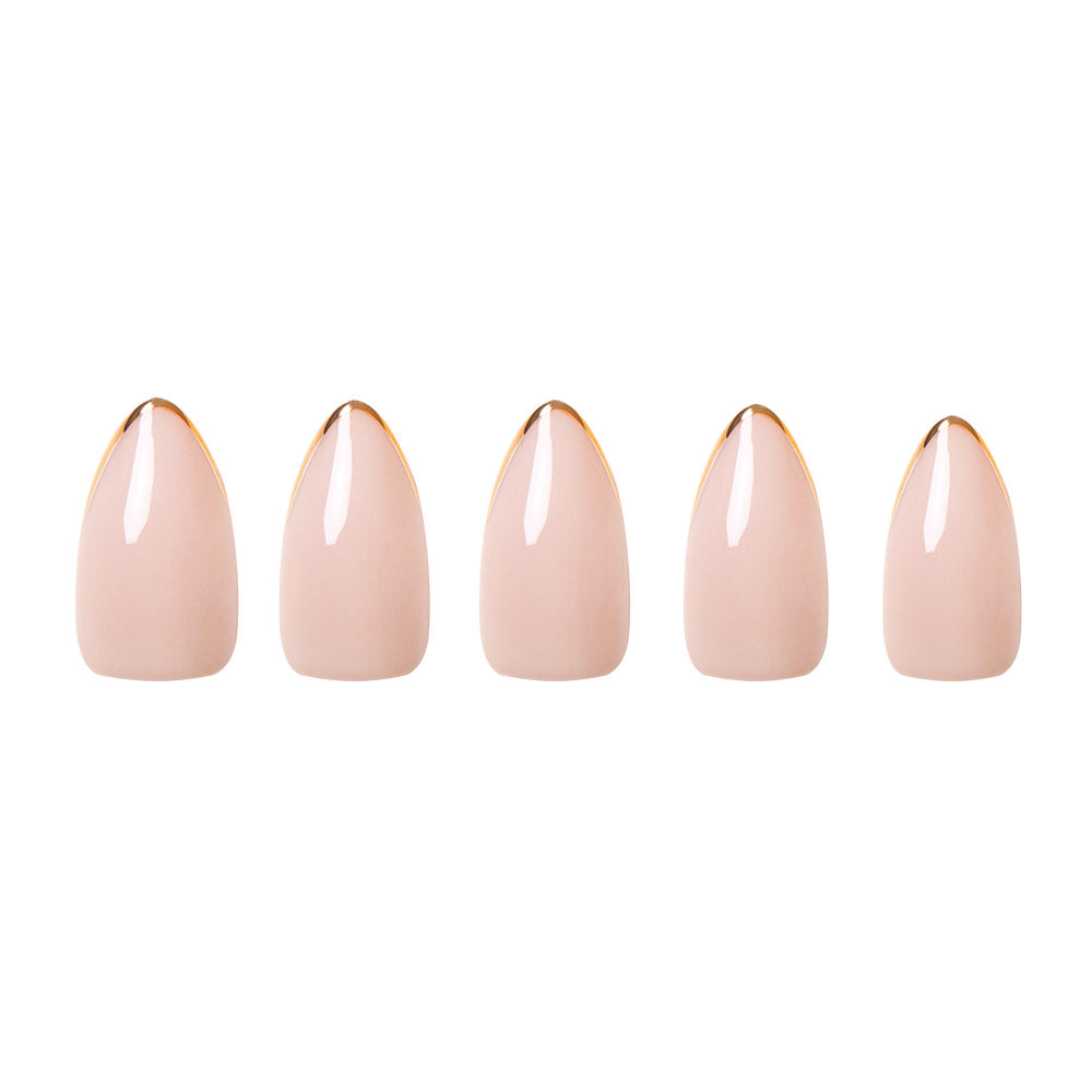 Five almond nails featuring a glossy nude base with a slim metallic gold finish, arranged in a row on white—perfect for achieving glamnetic’s Gold Standard look.