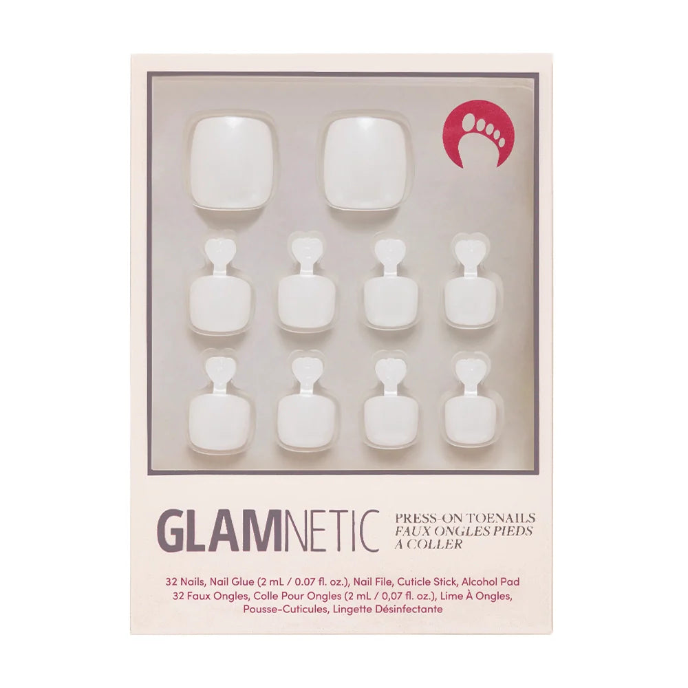 A box of Glamnetic press-on toenails in a clean, solid white shade.