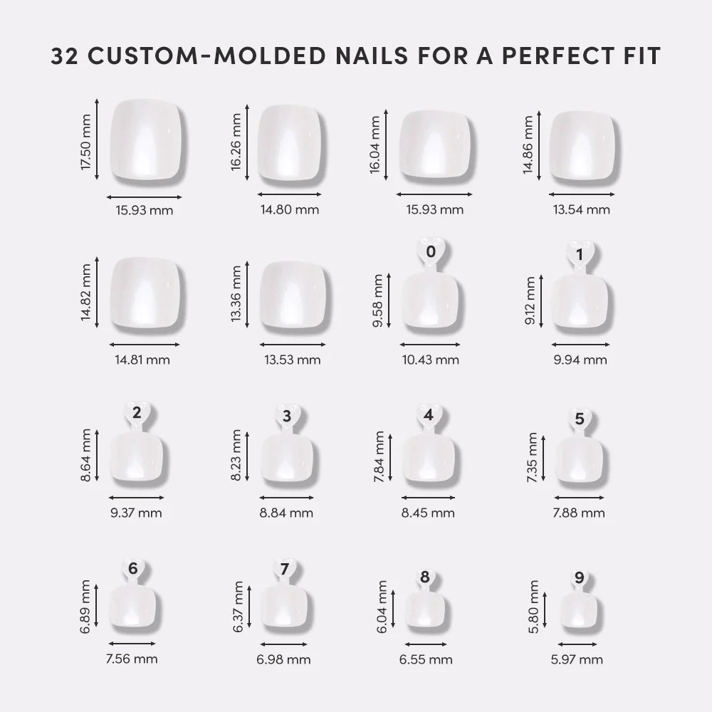 Illustration of 32 custom-molded nails with measurements on a white background