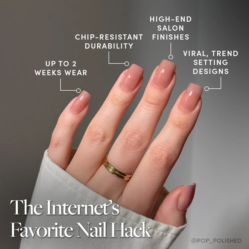 A hand with glamnetics In The Nude square-shaped, nude-pink ombré press-on nails is shown, featuring chip-resistant durability, up to 2 weeks wear, salon-quality finish, and trendy designs. Text reads: The Internet’s Favorite Vegan & Cruelty-Free Nail Hack.