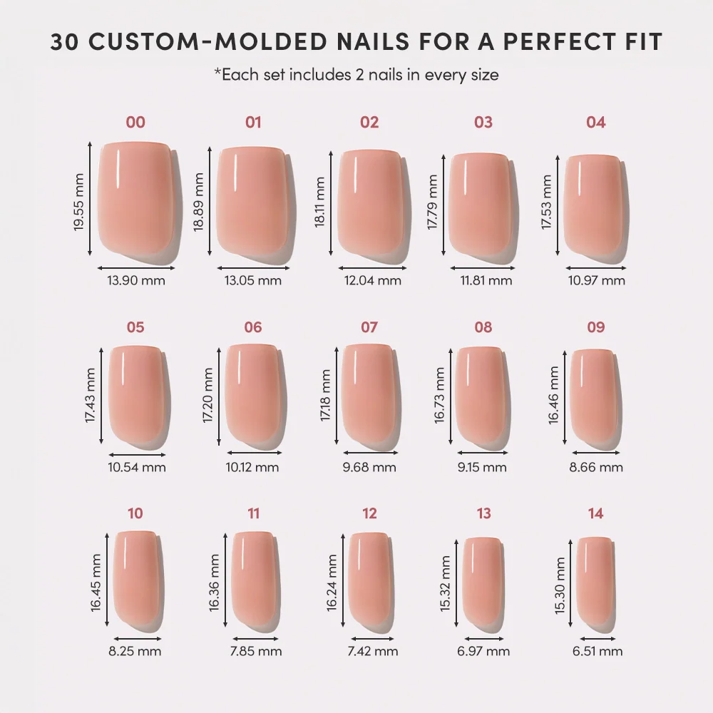 A chart showcases 14 sizes of glamnetic’s In The Nude custom-molded artificial nails in a nude-pink ombré. Each nail is labeled with height and width (mm), arranged in two rows on a light background for a minimalist look.