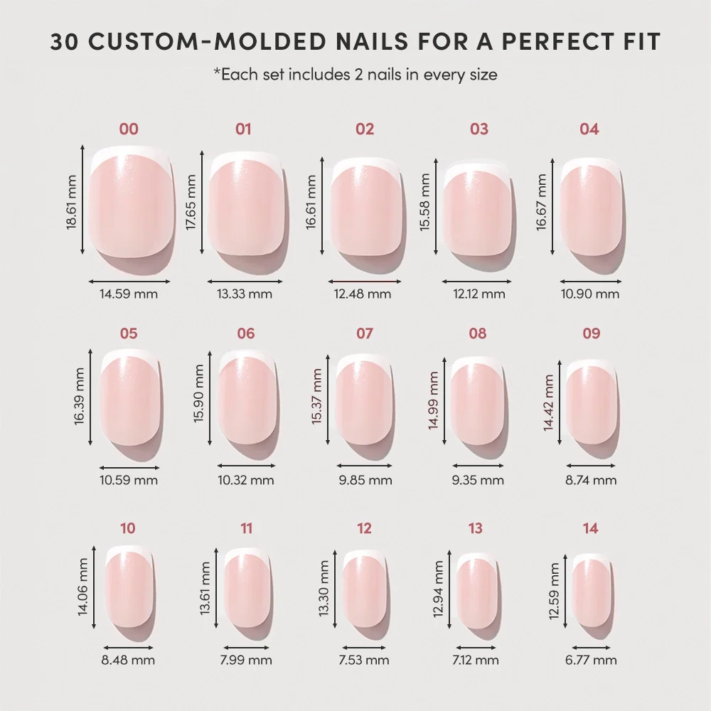 A chart displays 15 sizes of glamnetic's La Perle custom-molded nails, numbered and labeled by width from 16.81 mm to 7.59 mm, with each row showing a different size—including short squoval shapes.