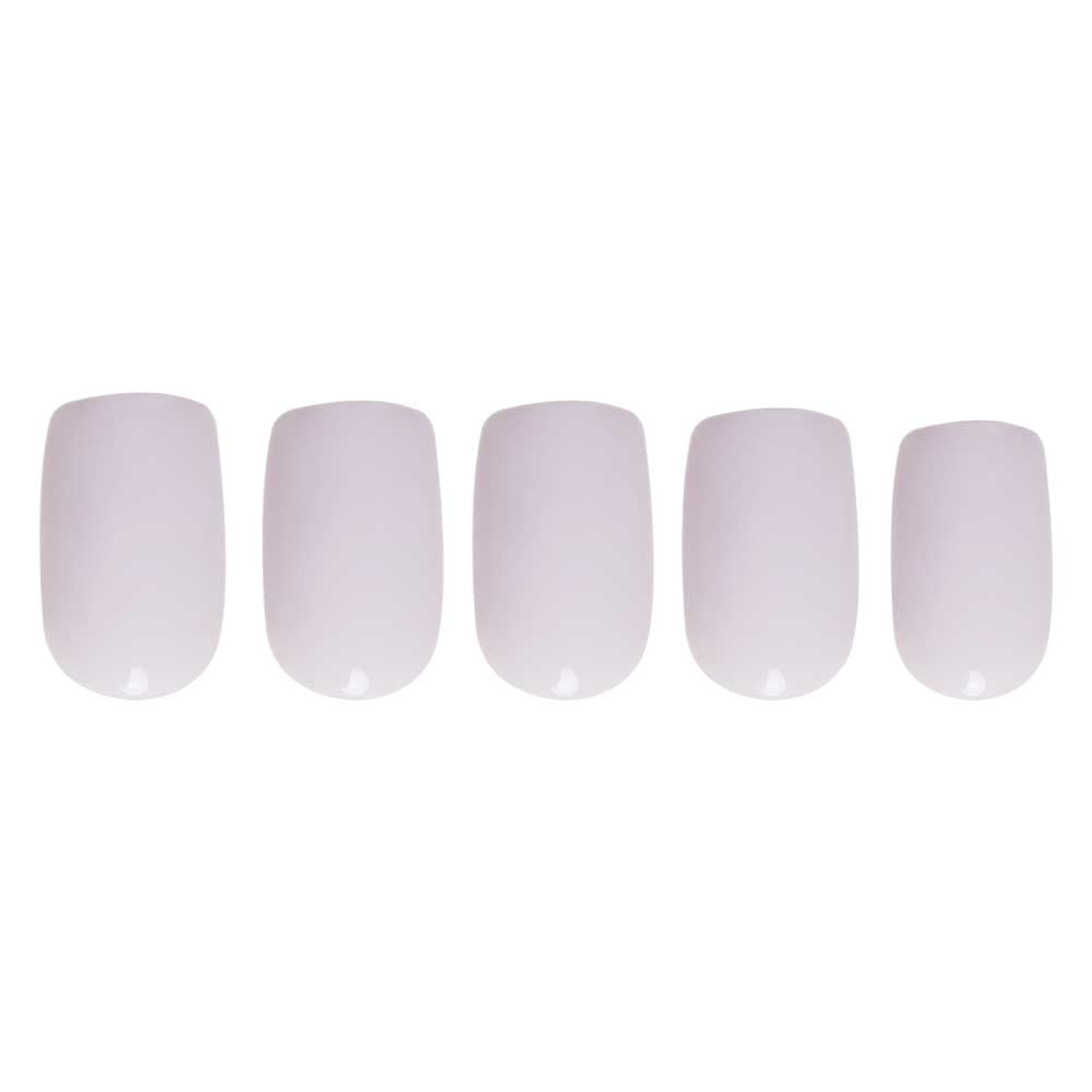 Five artificial squoval nails in Lilac Gray by glamnetic, featuring a pale, glossy light lilac-gray shade, are arranged in a row against a white background to showcase their elegant shape and shiny finish.