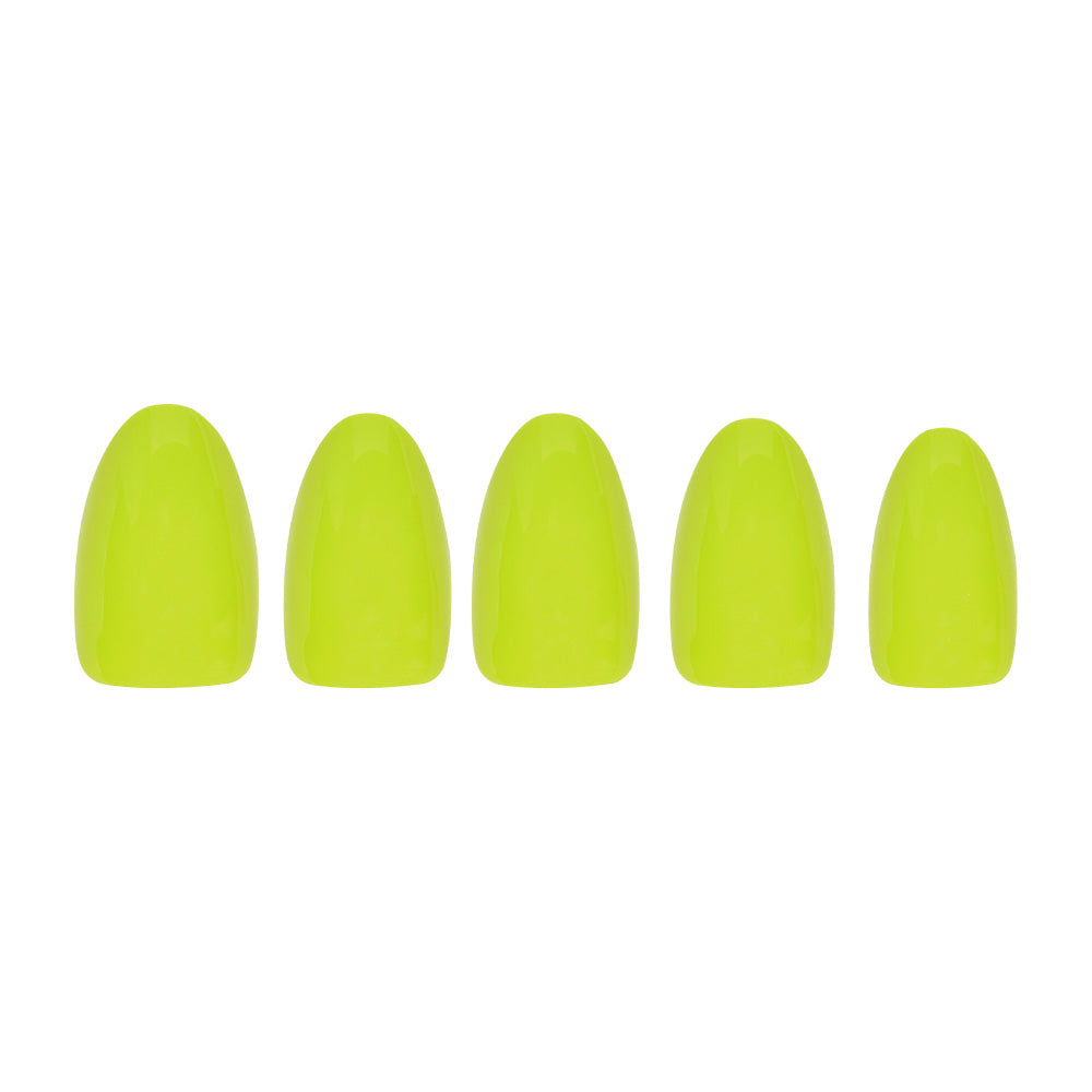 Five glamnetic Lime Green artificial short oval nails, each with a glossy finish, are arranged in a row on a white background.