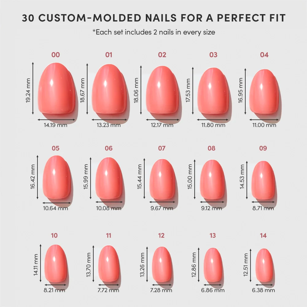 A chart shows 15 sizes of Lush Coral custom-molded, pink vegan cruelty-free nails by glamnetic, each labeled with a number and its width and length (mm). Above, text reads: 30 custom-molded nails for a perfect fit.