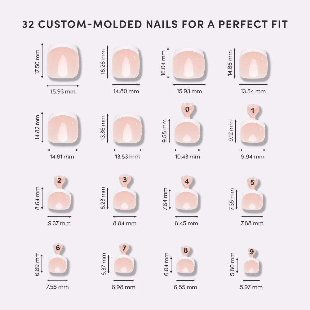 Illustration of 32 custom-molded nails with measurements on a white background