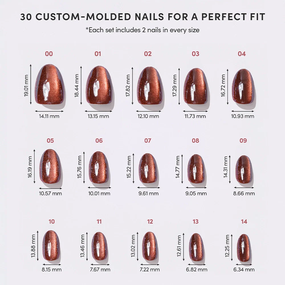A chart displays 30 custom-molded Magnetic Moscow fake nails by glamnetic, sizes 00–14 with width and length in mm. Each set includes two short oval nails per size for a perfect fit.