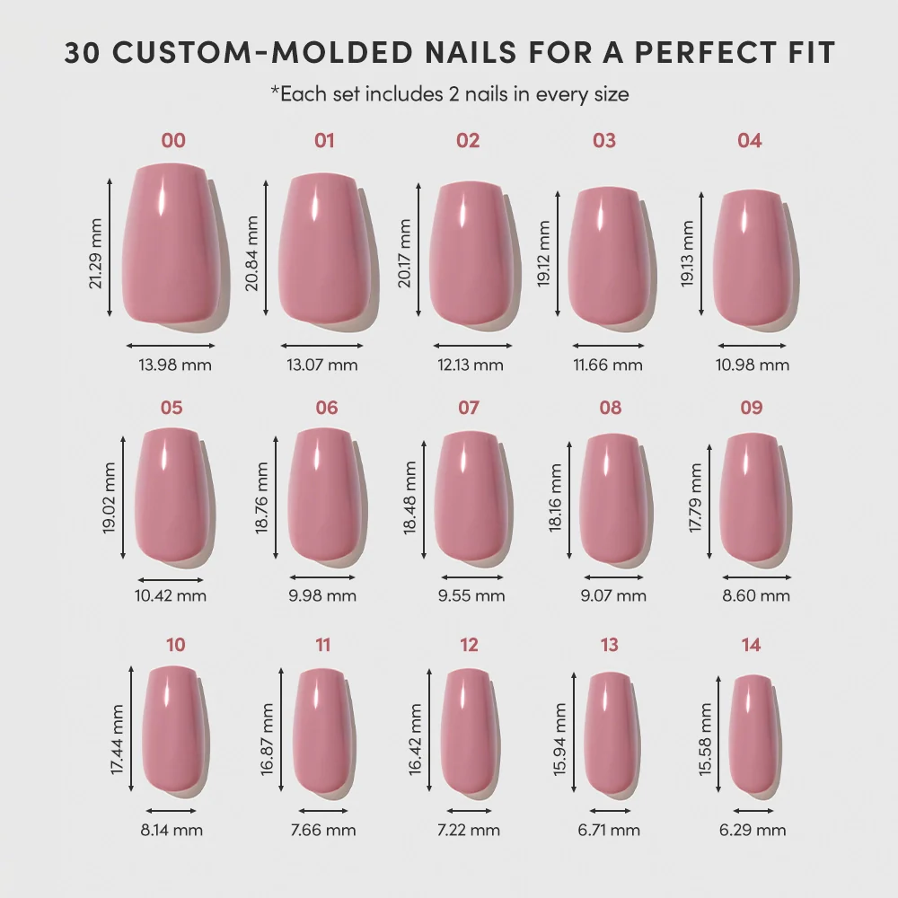 A chart shows 15 sizes of glamnetic Mauve Affair press-on nails, all medium coffin with a glossy finish. Each nail is labeled by number with width and length in millimeters; every set contains two of each size.