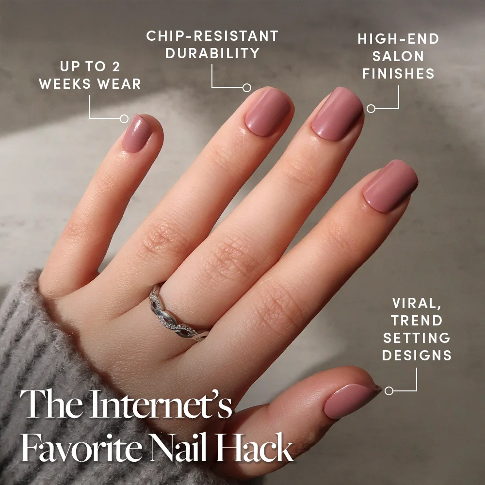A hand with glossy, mauve round nails is shown, wearing glamnetic Mauve Cutie press-ons. Text points to the nails, highlighting up to 2 weeks wear, chip-resistant durability, high-end salon finish, and trendsetting designs.