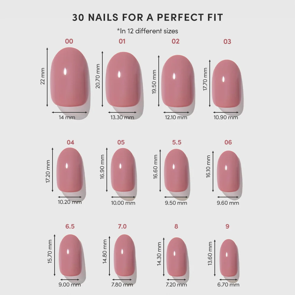 A chart shows 12 pink Mauve Mood Press-On Nail sizes, each labeled with a number and mm dimensions. Above, the text reads: glamnetic Mauve Mood: 30 vegan, cruelty-free nails in 12 salon-quality sizes for your perfect fit.