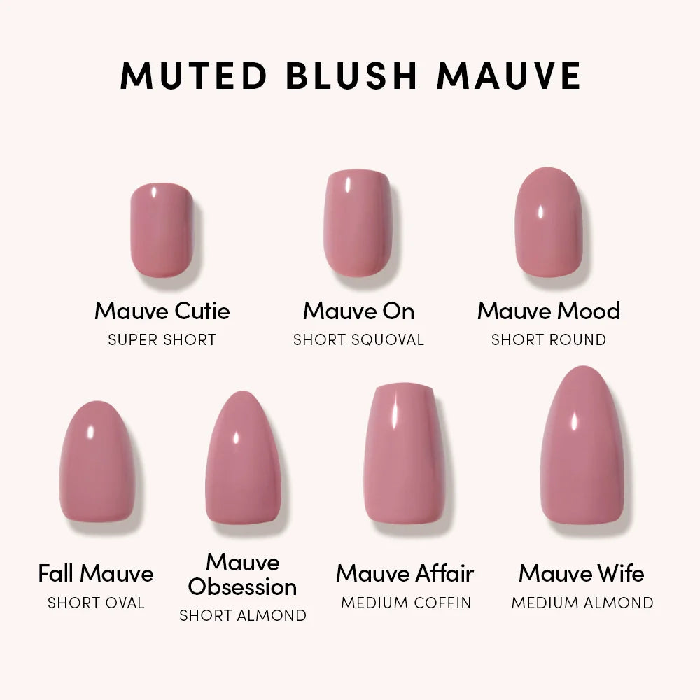 Seven artificial press-on nails from glamnetic’s Mauve On set, featuring chic short squoval shapes, are labeled by style and name. Find your perfect muted blush mauve look in oval, almond, coffin, and more stylish shapes.