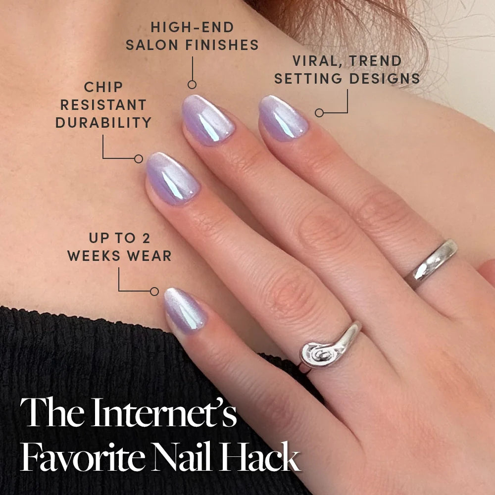 A hand with iridescent purple glamnetic Mermaids Tail press-on nails rests on a shoulder. Text highlights: high-end salon finish, viral designs, chip-resistant durability, up to 2 weeks wear. Caption: The Internet’s Favorite Nail Hack.