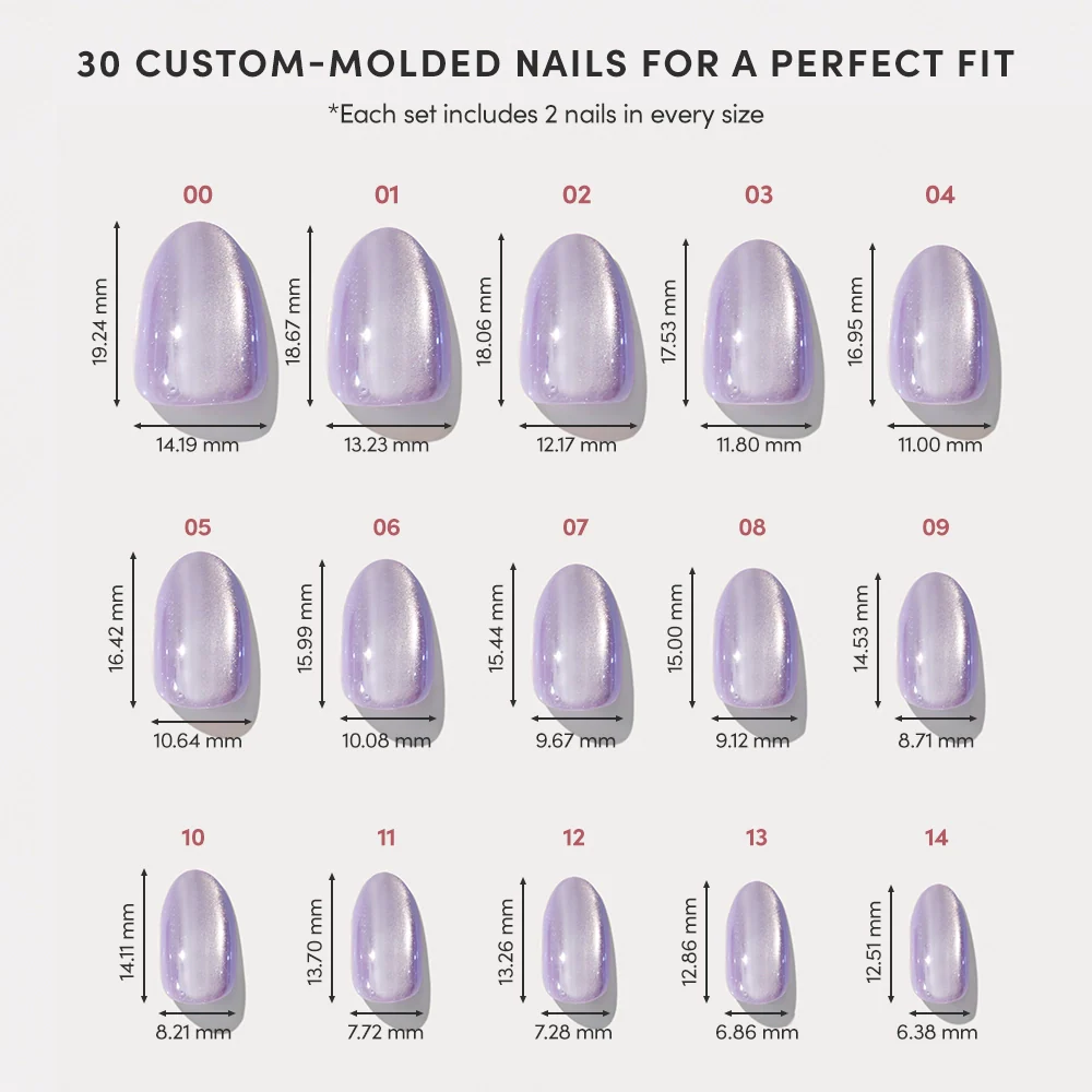 A set of 15 iridescent purple Mermaids Tail press-on nails by glamnetic, sizes 00–14 with exact width and length displayed for a tailored fit. Above: “30 Custom-Molded Nails for a Perfect Fit.”.