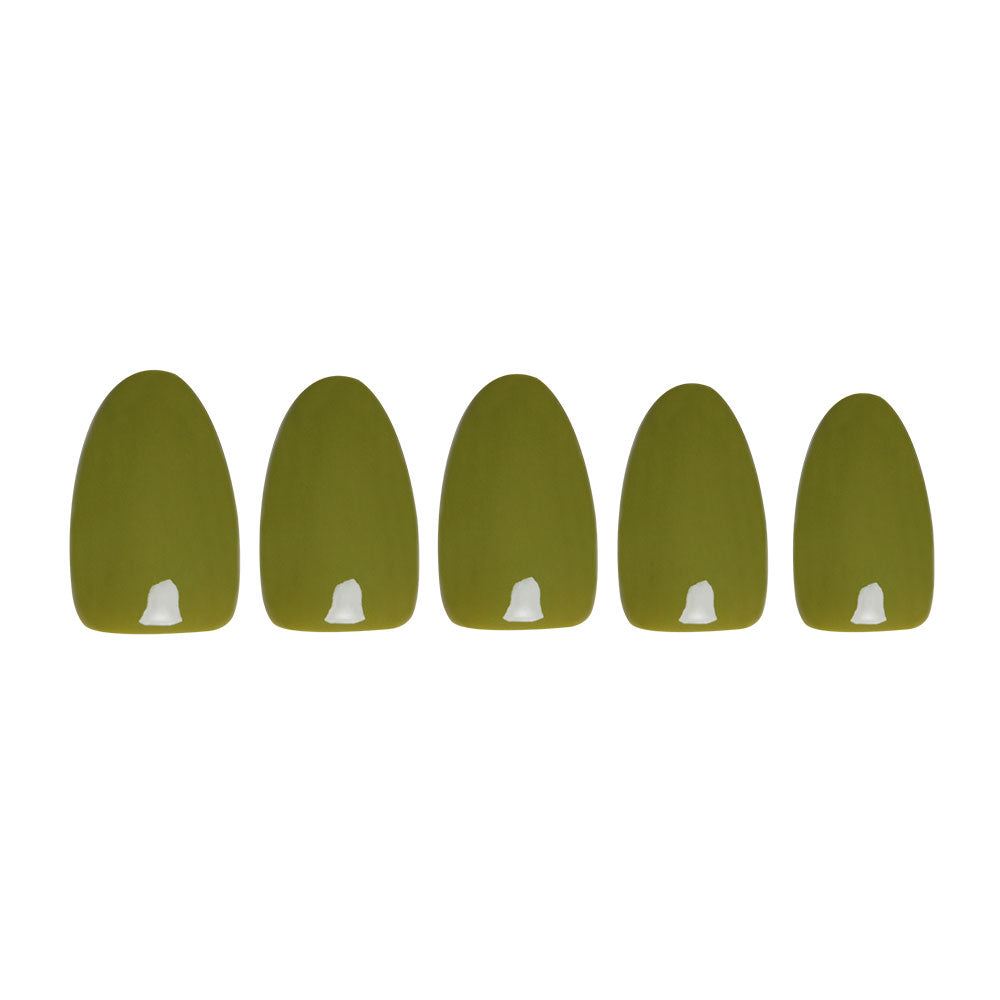 Five artificial nails from glamnetics Moss Green set, painted in rich olive green with a small white detail near the tip, are arranged in a row against a white background—perfect for a stylish fall look.