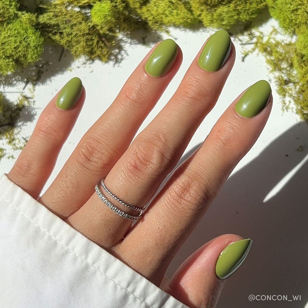 A hand with oval-shaped nails painted in glamnetic’s glossy Moss Green shade, adorned with two delicate silver rings, is displayed against green moss and sunlight—perfect for fall.