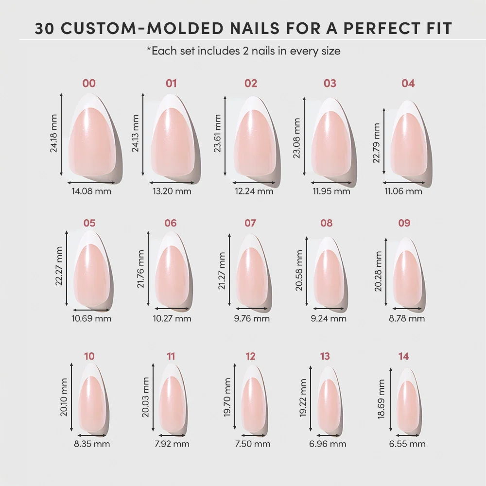 A chart displays 15 custom-molded Mother Pearl Press-On Nail sizes by glamnetic, each labeled with number, length, and width in mm. Set features a glossy glazed finish and includes two nails per size—30 nails total.