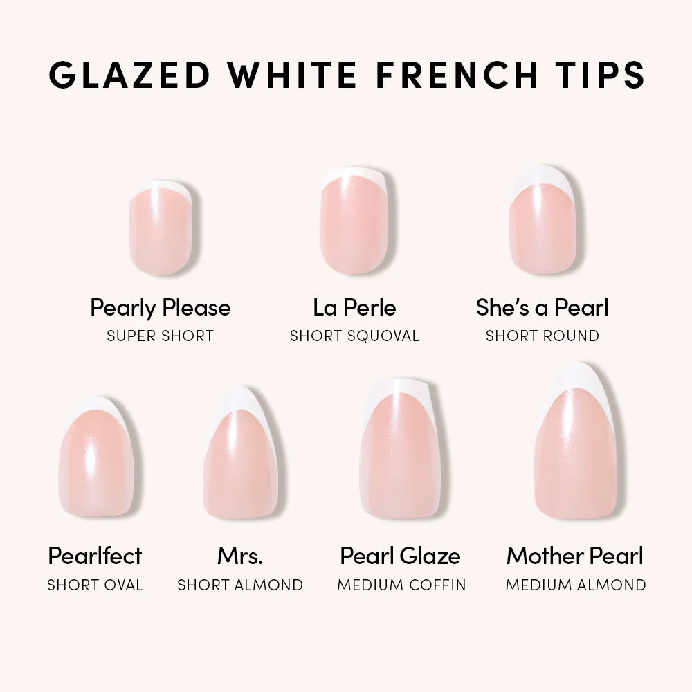 A chart displays six styles of "Mrs." glazed white French tip nails by glamnetic—super short, short squoval, short round, short oval, short almond, medium coffin, and medium almond—each clearly labeled by name and shape.