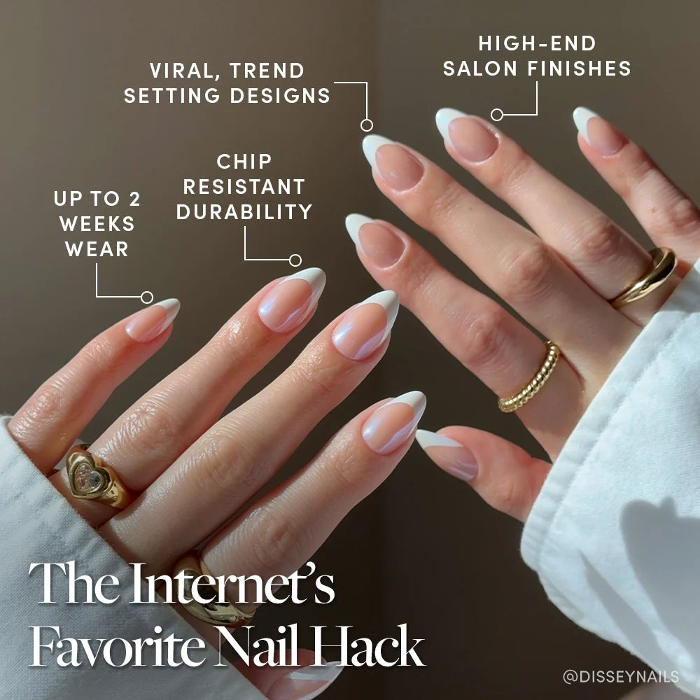 Two hands with short almond French tip nails in "Mrs." by glamnetic are shown. Text highlights viral designs, chip-resistant durability, high-end finishes, and up to 2 weeks wear. The image reads: The Internet’s Favorite Nail Hack.