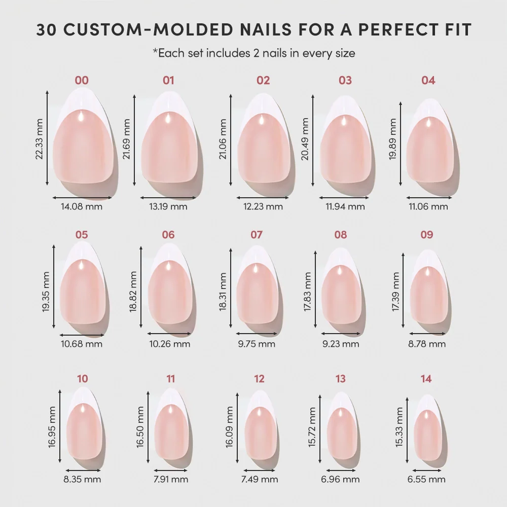 Chart displaying 15 sizes of glamnetic Mrs. custom-molded French tip nails, numbered 00–14 in rows. Each shows length and width in millimeters for a precise fit—ideal for bridal sets. Two nails included per size.