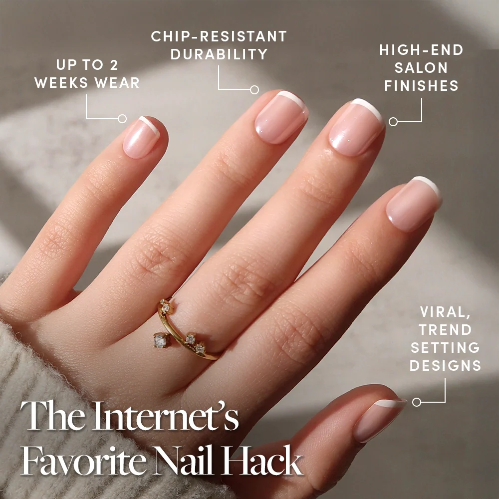 A hand with a gold ring showcases Pearly Please by glamnetic—neatly manicured, glossy French tips. Text highlights up to 2 weeks’ wear, chip-resistant durability, flawless salon finish, and trending designs.