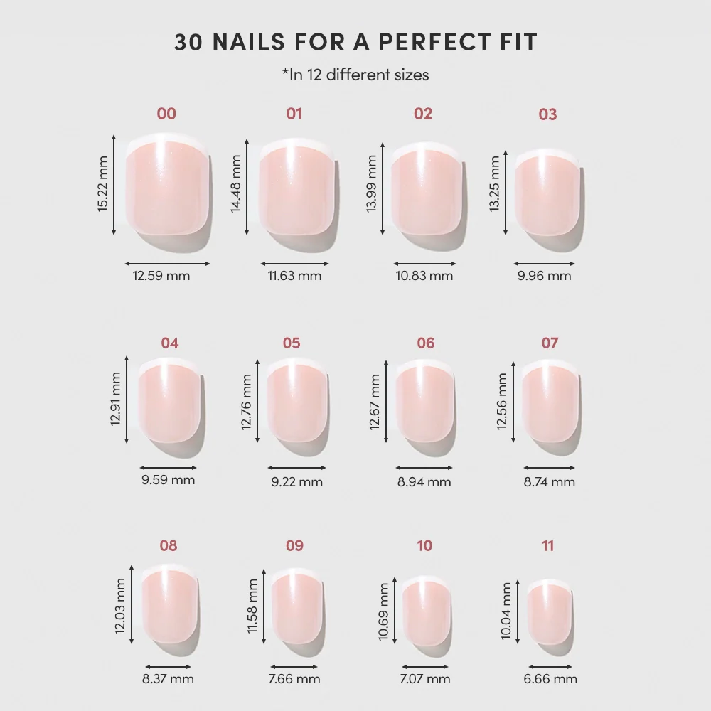 A chart displays 12 Pearly Please artificial nail sizes by glamnetic, each numbered 00–11 with width and height in millimeters, for a customizable fit and chic light pink French tip manicure.