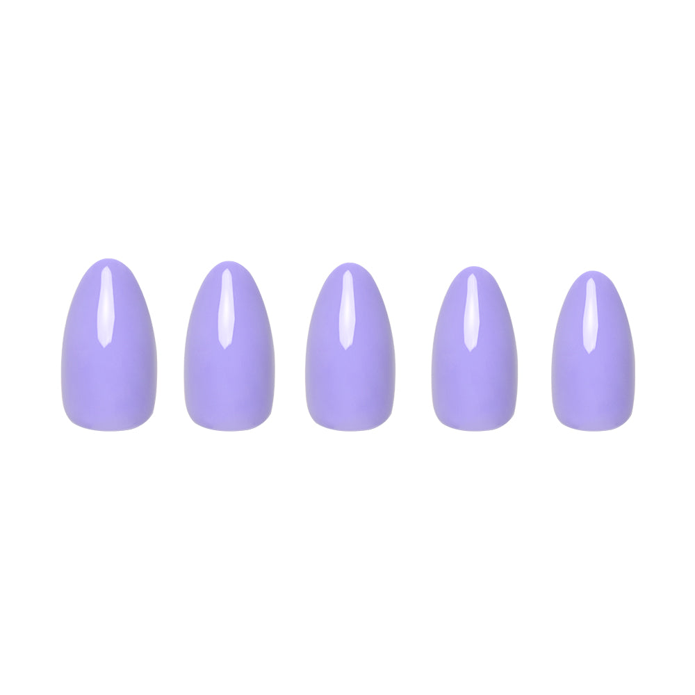 Five glamnetic Periwinkle press-on nails in a smooth, glossy lavender are arranged in a row on a white background, showcasing their vibrant color and sleek finish.