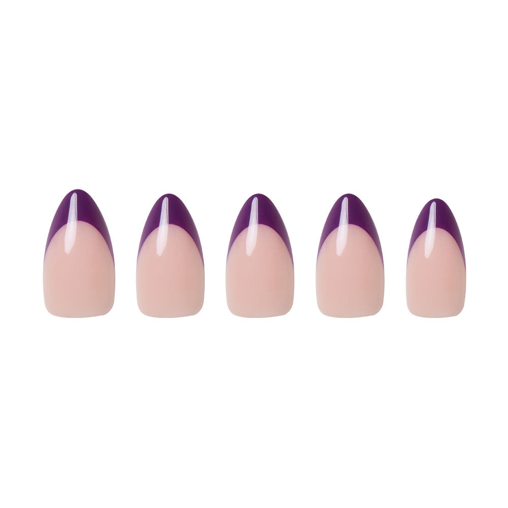 Five short almond nails from glamnetics Plum set feature a nude pink base with bold, dark purple French tips, arranged side by side on a white background to showcase their elegant design.