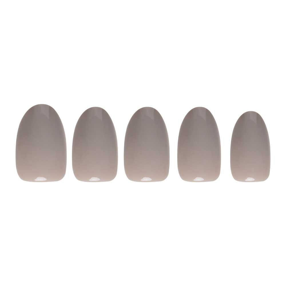 Five glossy taupe-gray artificial nails from the glamnetic Pure Gray set are displayed in a row on a white background—ideal for fans of chic, neutral styles.
