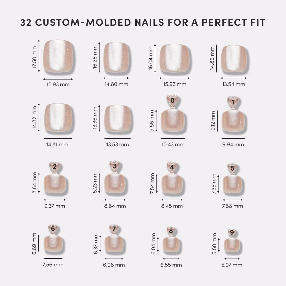 Illustration of 32 custom-molded nails with measurements on a white background