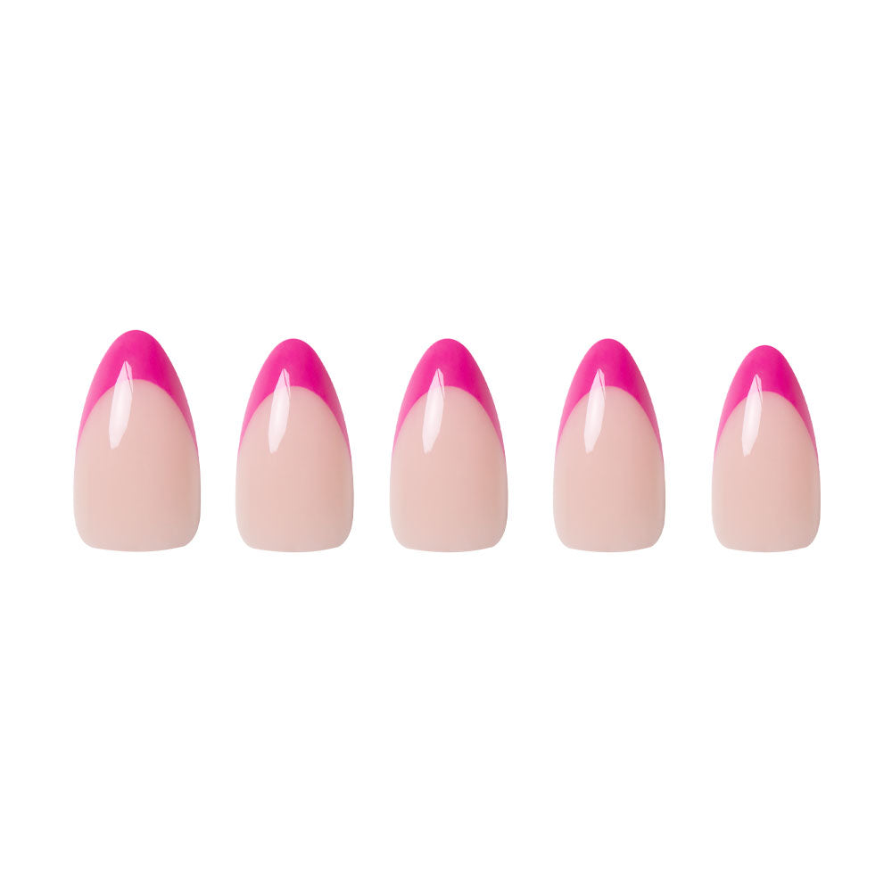 Five almond nails in a row feature nude bases with magenta-pink French tips, shown on a white background—introducing glamnetic’s Raspberry Sorbet set.