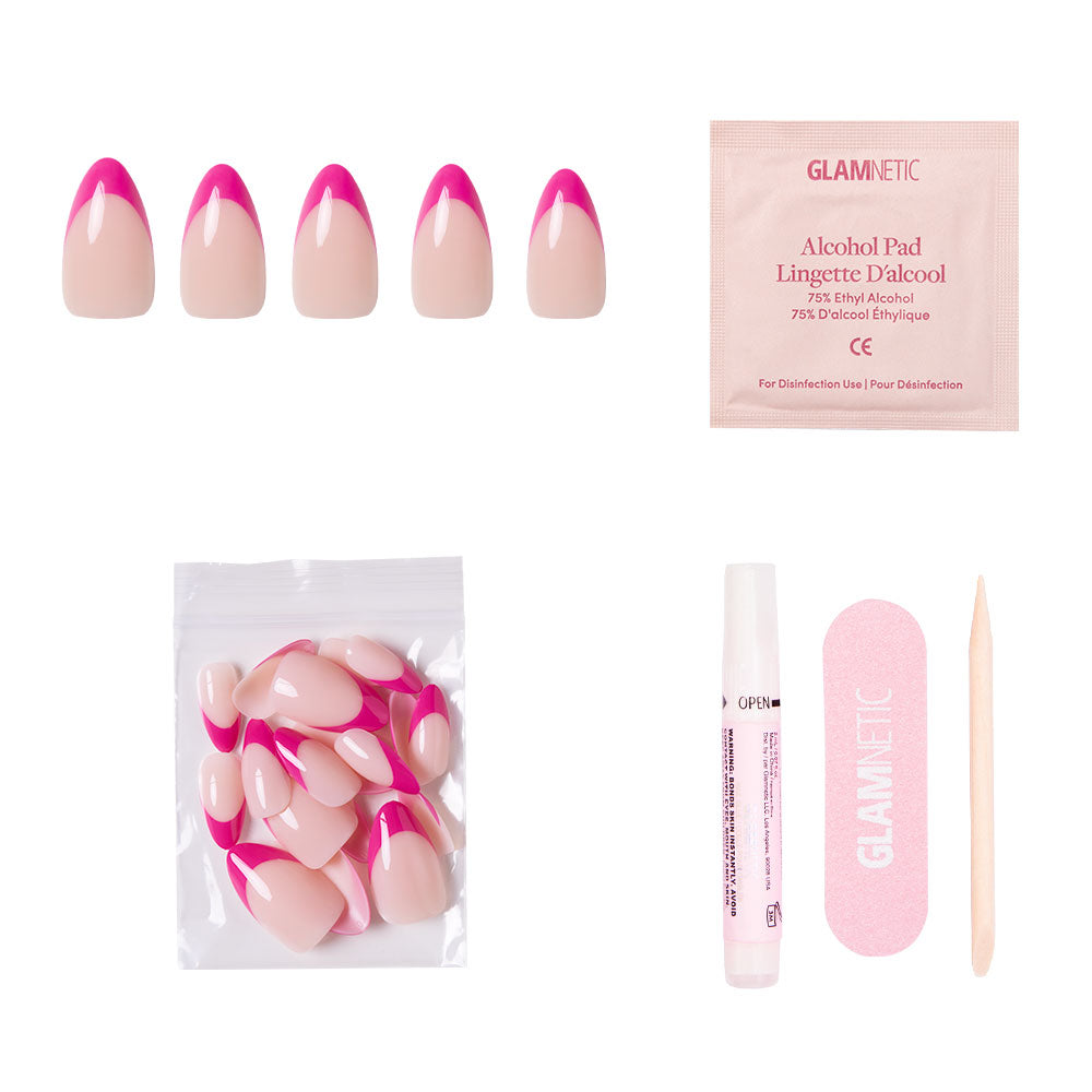 The glamnetic Raspberry Sorbet Nail Set includes almond nails with magenta-pink French tips, a pink nail file, nail glue, wooden cuticle stick, alcohol pad, and extra nails—all displayed on a white background.