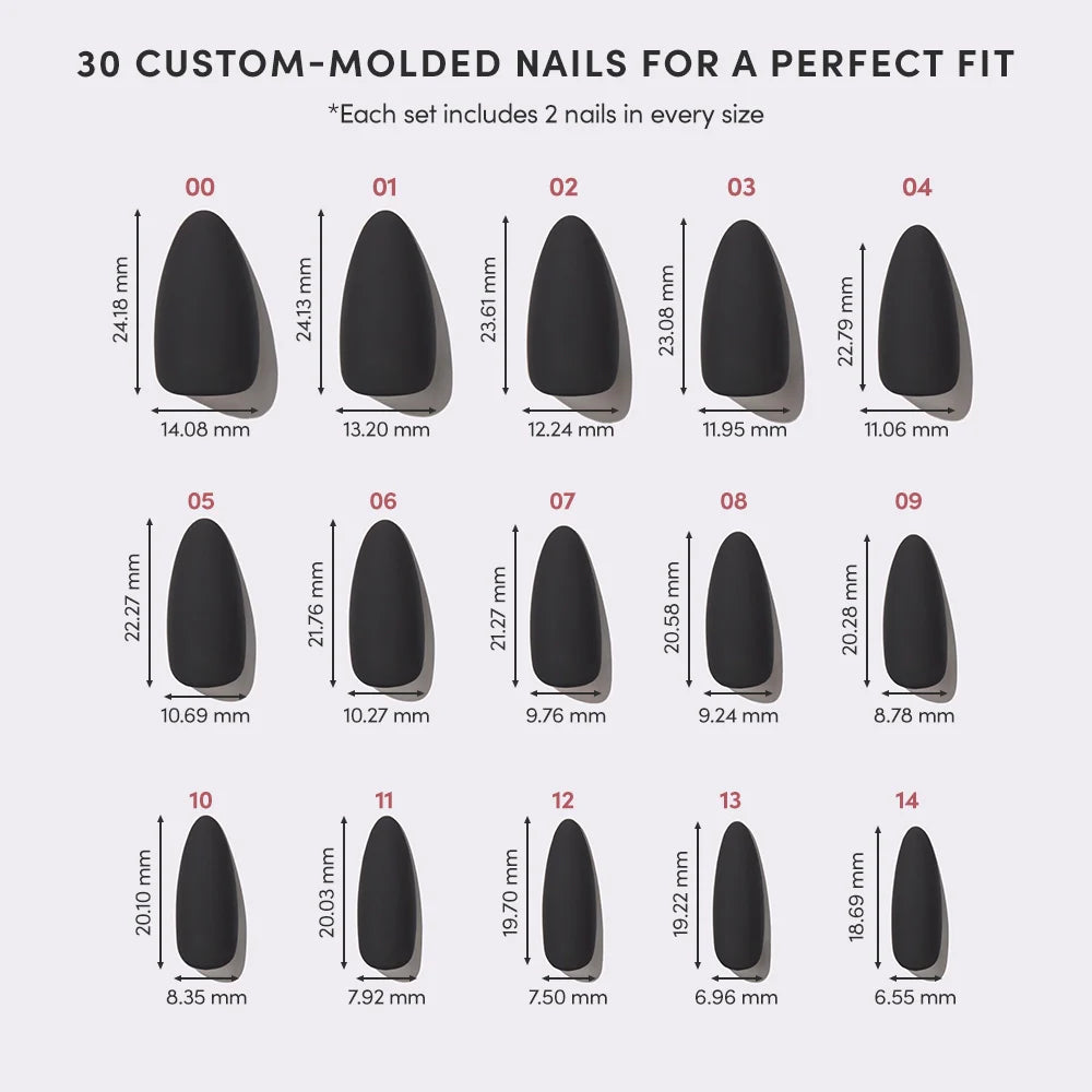 A chart displays 15 sizes of glamnetic’s Red Bottom luxury press-on nails in black matte almond style, each labeled (01–15) with widths in millimeters to fit various nail shapes and sizes.