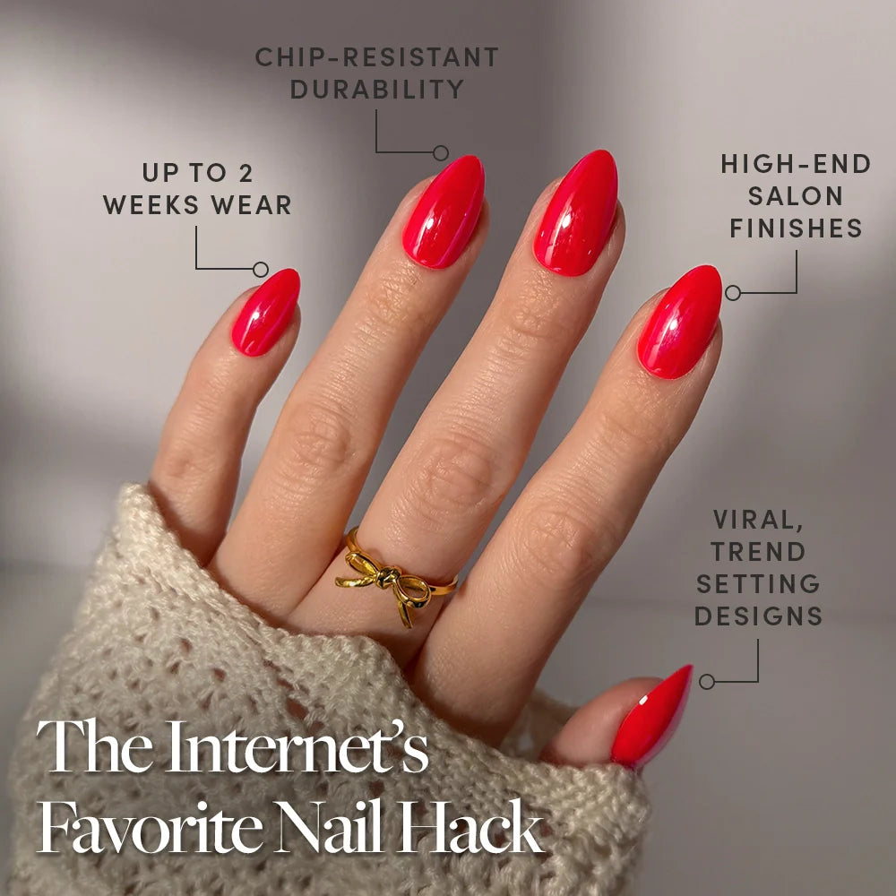 A hand with bright red, short almond "Red Flag" press-on nails by glamnetic is shown, each labeled chip-resistant, up to 2 weeks wear, salon finish, and viral designs. Text reads: The Internet’s Favorite Nail Hack.