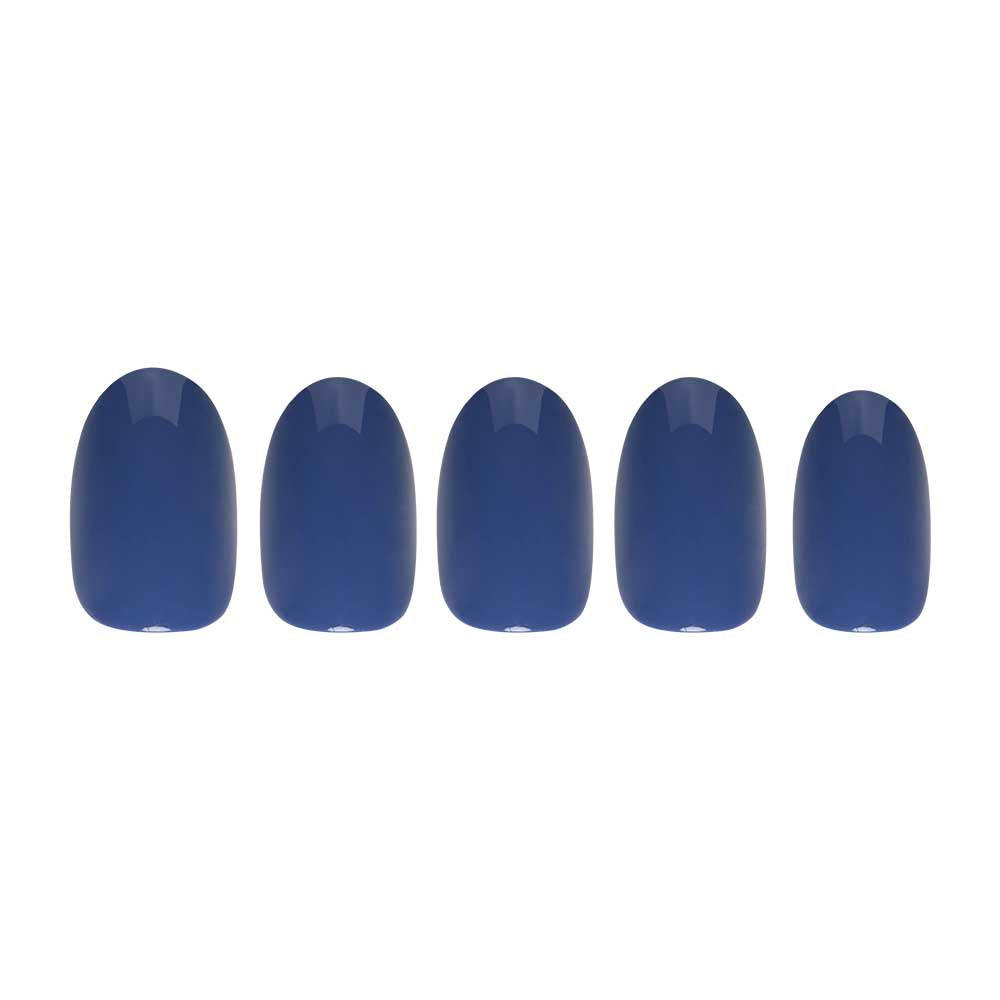 Five artificial nails in a row, each painted with Regal Blue for a striking, glossy finish, displayed on a white background.