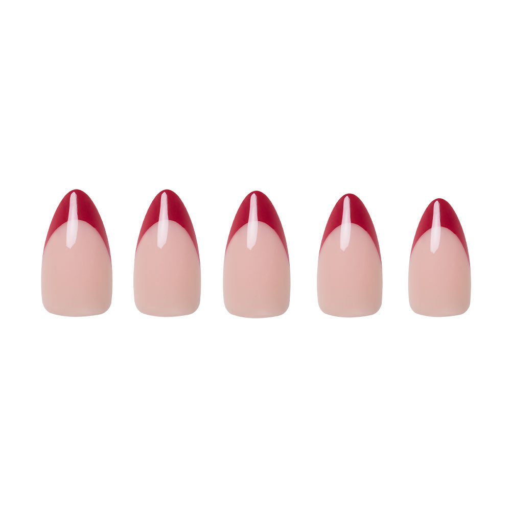The Rose Garden Nail Set by glamnetic features five short almond nails with a nude base and deep red tips, each accented with a thin white vertical line down the center, displayed against a white background.