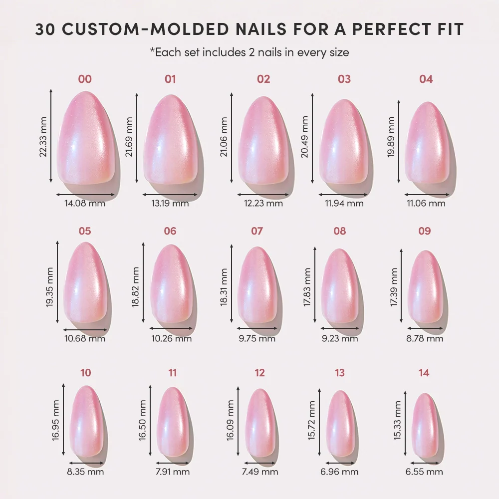 A chart displays 15 sizes of glamnetic Seaspell custom-molded pink shimmering velvet finish press-on nails, each numbered with width and length in millimeters. Title: Seaspell Press-On Nail Set by glamnetic for a Perfect Fit.