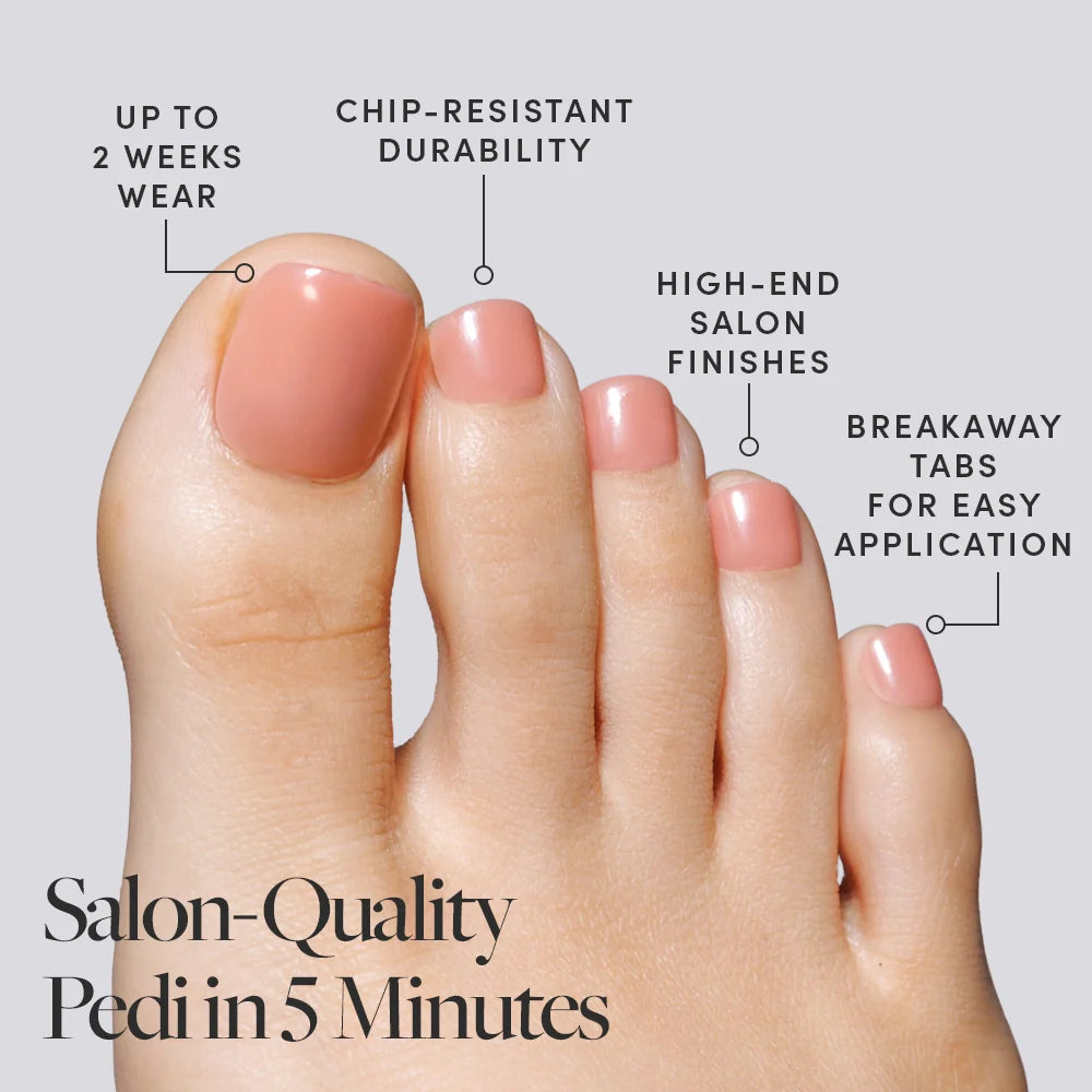 A close-up of a foot wearing peach Glamnetic press-on toenails, with callouts highlighting up to 2 weeks wear, chip-resistant durability, high-end finishes, and breakaway tabs.
