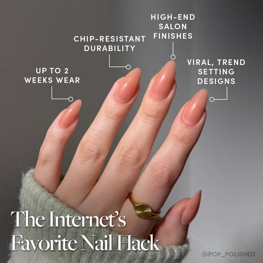 A hand with long, almond-shaped glamnetic Sheer Peach nails is shown, each labeled with benefits like chip-resistant durability, salon finish, viral design, up to 2 weeks wear, and a semi-transparent jelly look. Text: “The Internet’s Favorite Nail Hack.”.