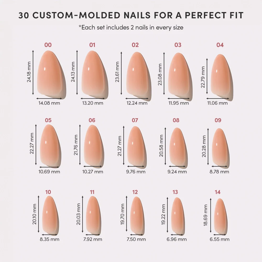 A chart displays 15 pairs of glamnetic Sheer Peach artificial nails (sizes 00–14) with width and length in millimeters. Arranged in rows, these semi-transparent jelly nails feature a natural pink shade.
