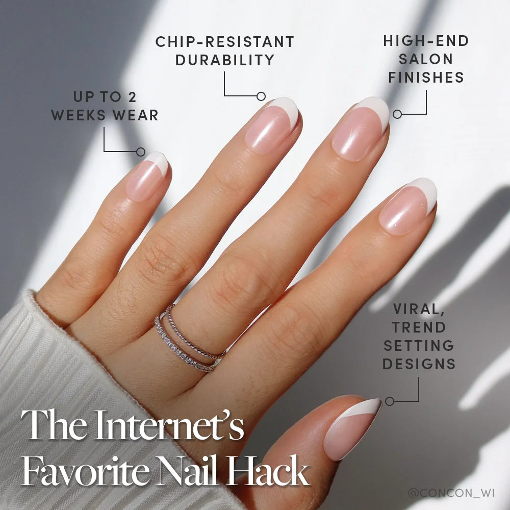 A hand with glamnetic’s “She’s a Pearl” French Tip Manicure is shown, highlighting up to 2 weeks of chip-resistant wear, convenient press-on nails, and viral trend-setting style. The text reads: “The Internet’s Favorite Nail Hack.”.