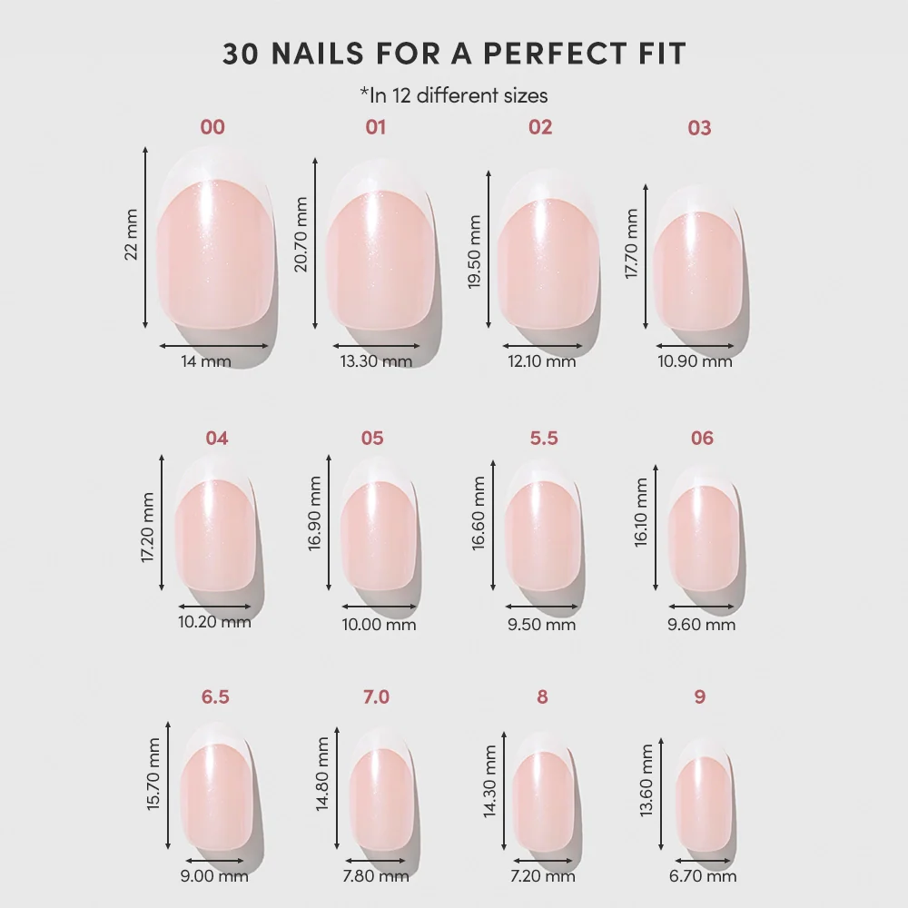 A chart for glamnetic’s She’s a Pearl press-on nails displays 12 numbered sizes, each showing its length and width in millimeters for a perfect French Tip Manicure. Nails are arranged from largest to smallest for the ideal fit.