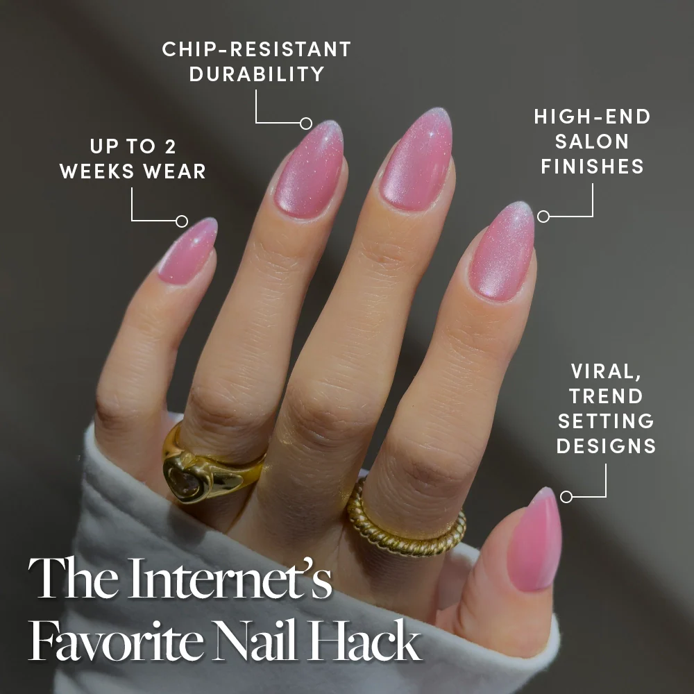 A hand wears gold rings and features the glamnetic Shine for You set: long, rosy pink velvet gradient nails. Enjoy chip-resistant durability, up to 2 weeks’ wear, high-end salon finishes, and viral designs.