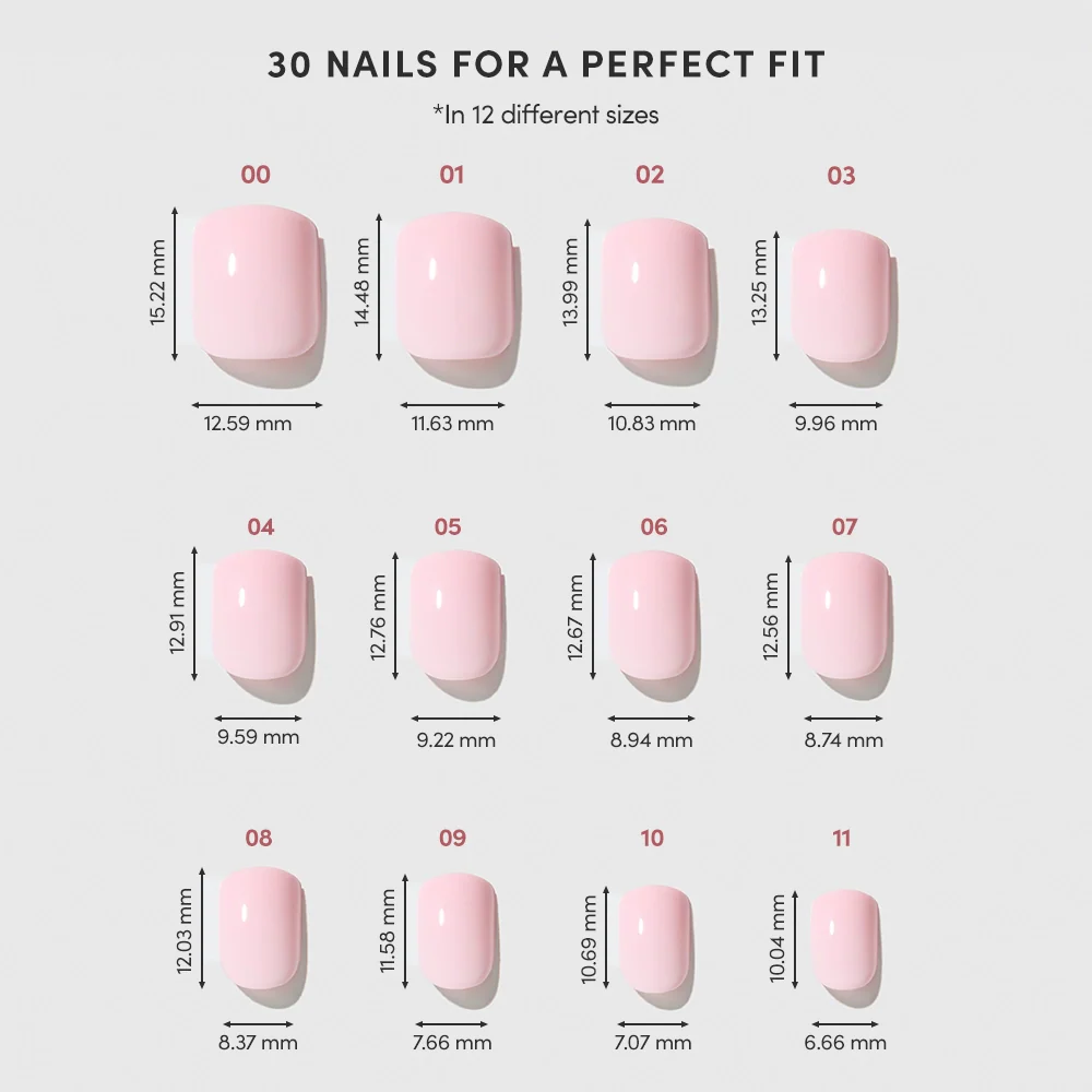 The glamnetic Sugar BB chart shows 12 sizes of glossy pink press-ons. Each super short nail is numbered, with width and length in millimeters listed for effortless selection.
