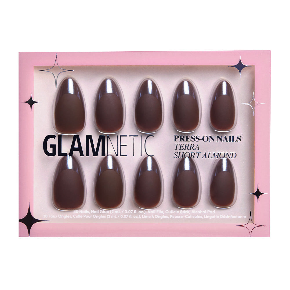 A set of 10 short almond-shaped matte nails in earthy brown, packaged in a pink tray labeled glamnetic Terra Press-On Nails.