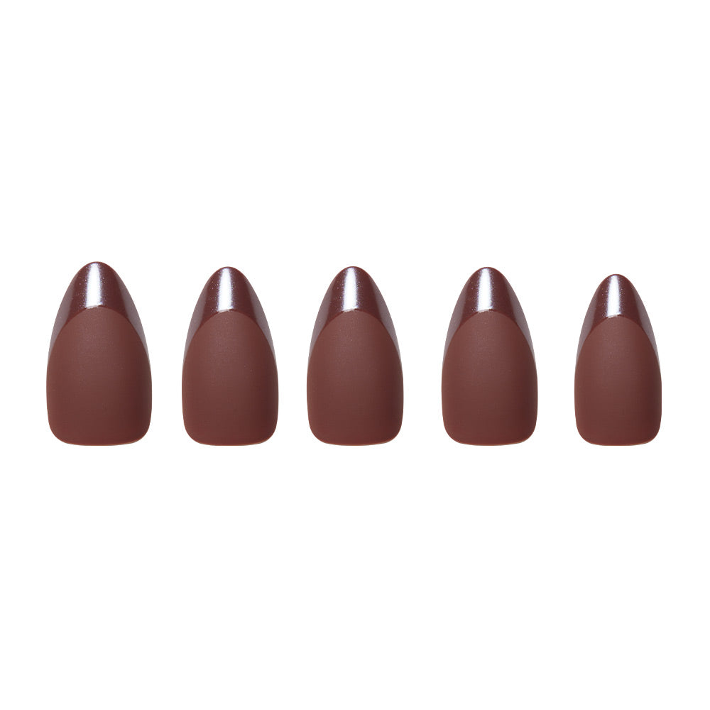 Five glossy, earthy-brown Terra press-on nails by glamnetic are arranged in a row against a white background.