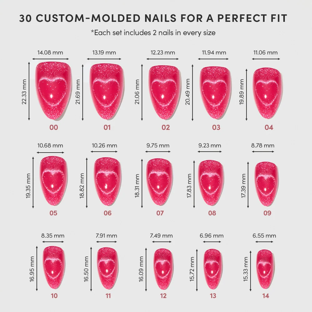 A display of 15 sizes of glamnetic’s Text Me Back red, heart-shaped press-on nails shows width and height in millimeters. Each nail, labeled 01–15, ensures you find your perfect fit.